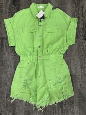 Neon Green Distressed Short-Sleeve Romper